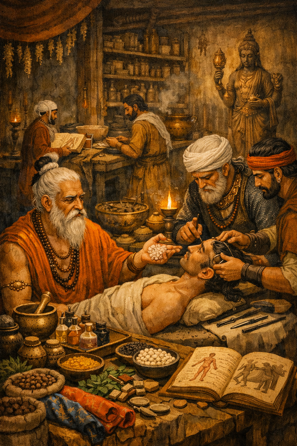 Ayurveda and ancient medicine inspired illustration